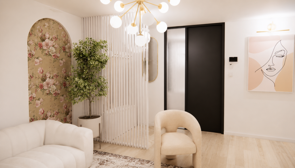 Agencement d'un salon contemporain féminin avec création d'une entrée fonctionnelle, décoration raffinée, mobilier élégant et optimisation des espaces de vie à Toulouse.