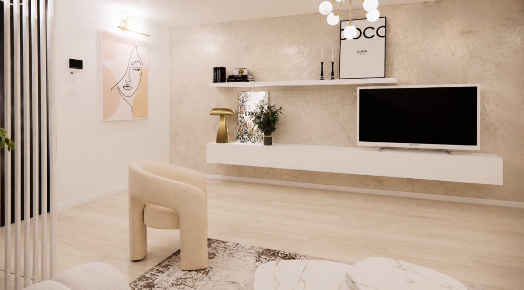 Agencement d'un salon contemporain féminin avec création d'une entrée fonctionnelle, décoration raffinée, mobilier élégant et optimisation des espaces de vie à Toulouse.