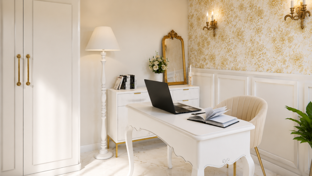 Création d'une extension aménagée en bureau élégant de style haussmannien avec moulures, papier peint décoratif et mobilier sur mesure à Toulouse.