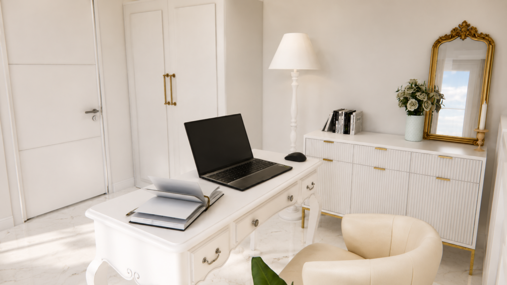 Création d'une extension aménagée en bureau élégant de style haussmannien avec moulures, papier peint décoratif et mobilier sur mesure à Toulouse.