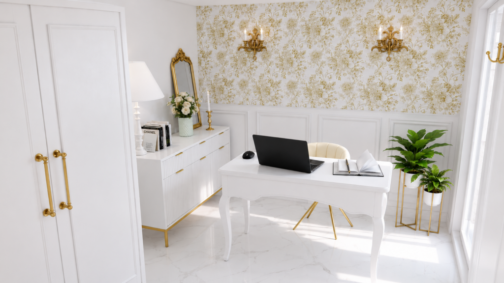 Création d'une extension aménagée en bureau élégant de style haussmannien avec moulures, papier peint décoratif et mobilier sur mesure à Toulouse.