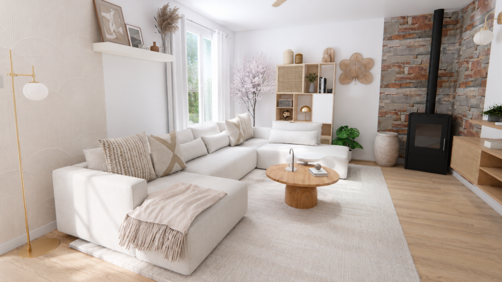 Transformation d'un salon familial dans un style Japandi associant lignes épurées, bois clair et tons naturels pour un intérieur chaleureux et fonctionnel.