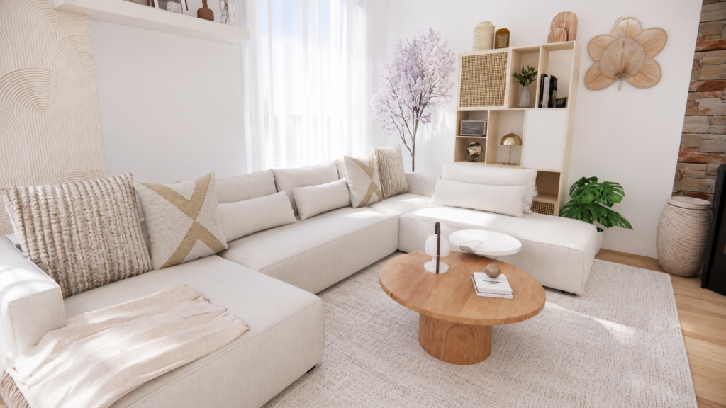 Transformation d'un salon familial dans un style Japandi associant lignes épurées, bois clair et tons naturels pour un intérieur chaleureux et fonctionnel.