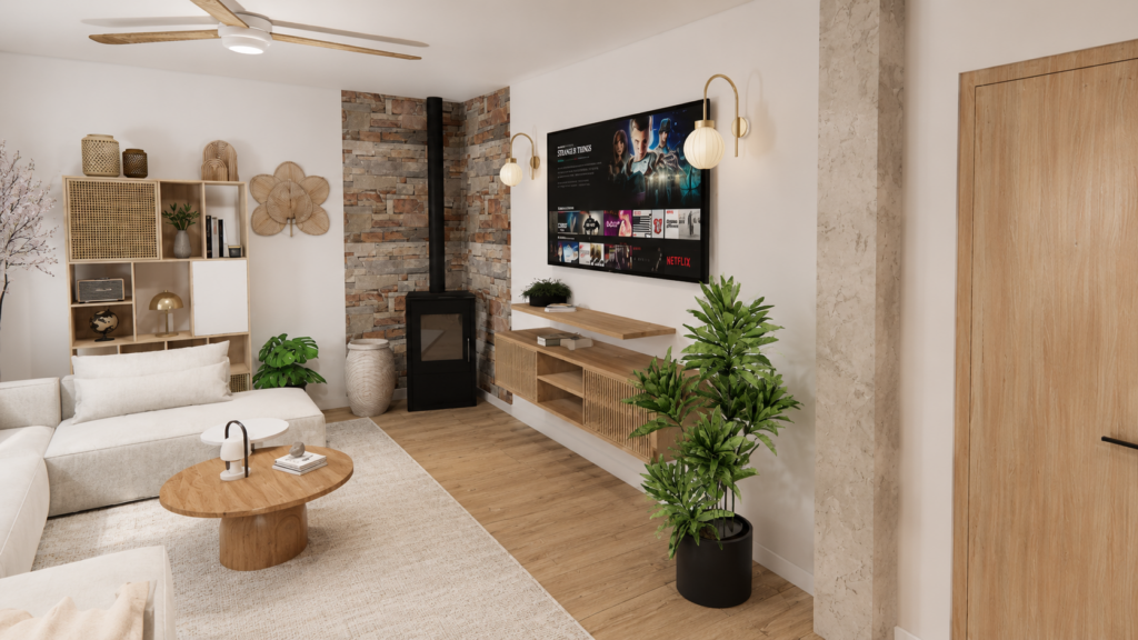 Transformation d'un salon familial dans un style Japandi associant lignes épurées, bois clair et tons naturels pour un intérieur chaleureux et fonctionnel.