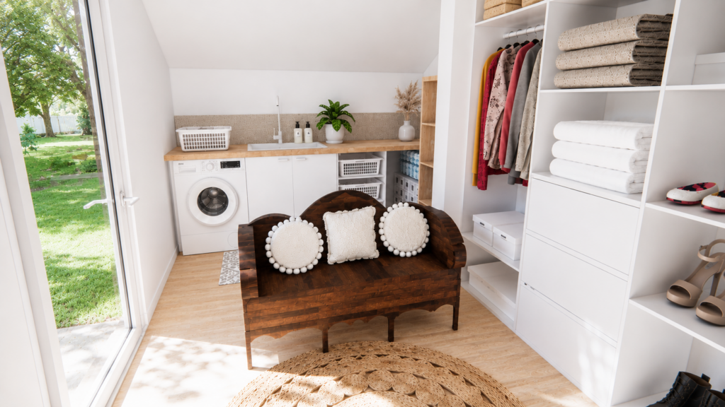 Projet d'aménagement intérieur transformant un garage en buanderie pratique avec dressing sur mesure et rangements optimisés à Toulouse.