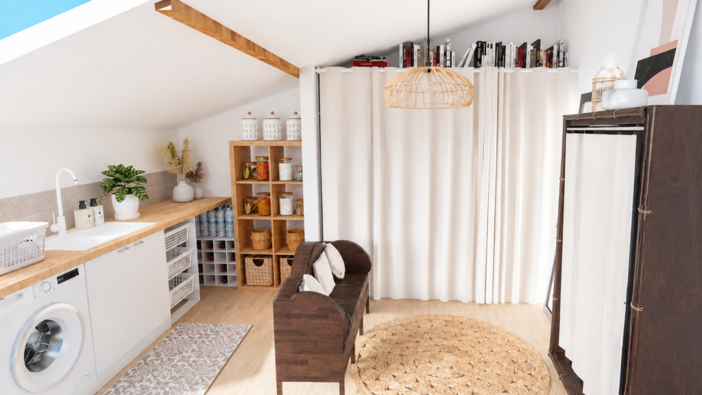 Projet d'aménagement intérieur transformant un garage en buanderie pratique avec dressing sur mesure et rangements optimisés à Toulouse.