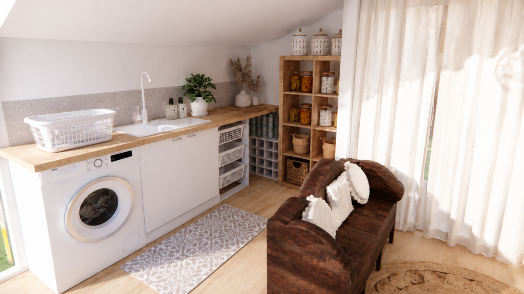 Projet d'aménagement intérieur transformant un garage en buanderie pratique avec dressing sur mesure et rangements optimisés à Toulouse.