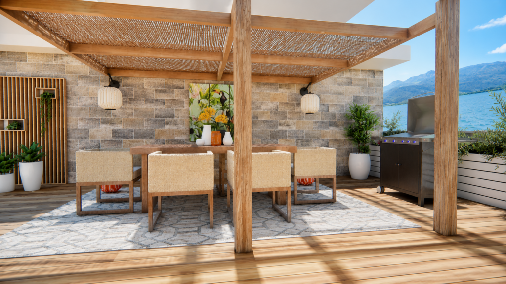 Aménagement d'une terrasse familiale en bord de lac avec espace repas, bains de soleil, végétation et coin jeux pour enfants.