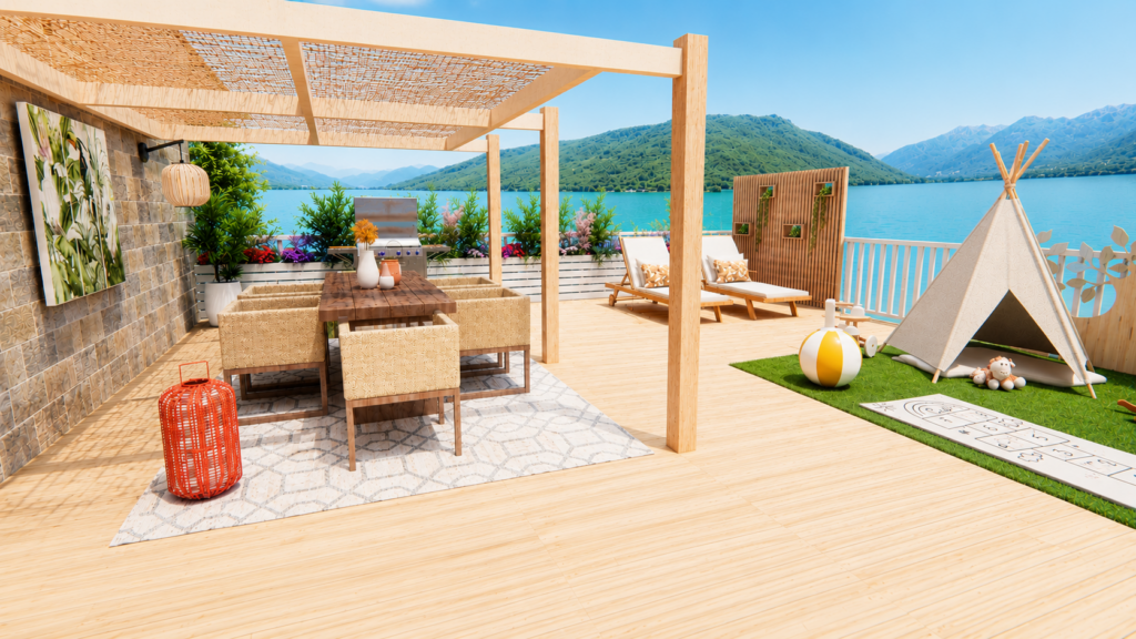 Aménagement d'une terrasse familiale en bord de lac avec espace repas, bains de soleil, végétation et coin jeux pour enfants.