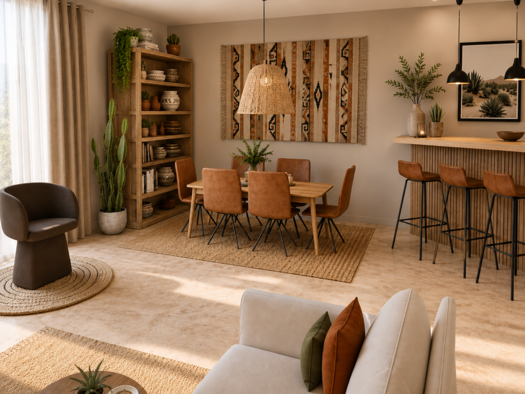 Projet de décoration intérieure d'un salon et salle à manger inspirés du Mexique, mêlant matériaux naturels, mobilier contemporain et ambiance chaleureuse réalisé par une architecte d'intérieur à Toulouse.
