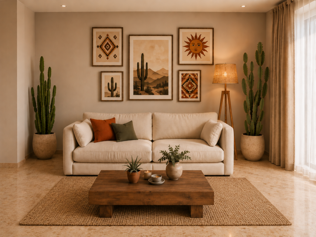 Projet de décoration intérieure d'un salon et salle à manger inspirés du Mexique, mêlant matériaux naturels, mobilier contemporain et ambiance chaleureuse réalisé par une architecte d'intérieur à Toulouse.