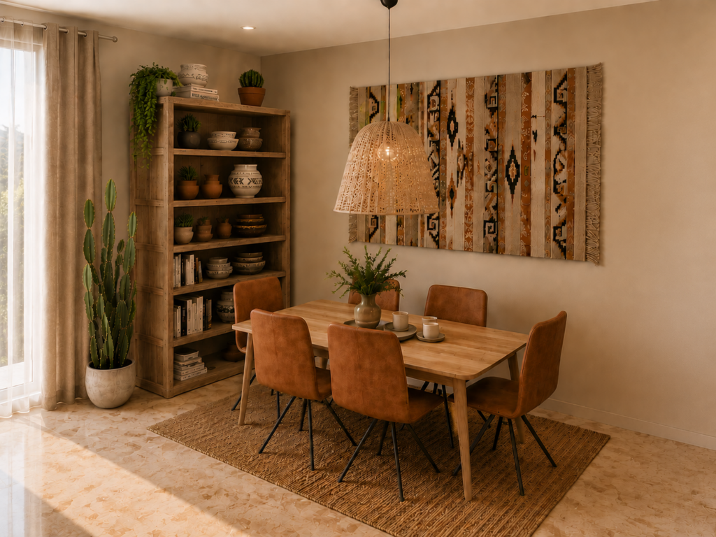 Projet de décoration intérieure d'un salon et salle à manger inspirés du Mexique, mêlant matériaux naturels, mobilier contemporain et ambiance chaleureuse réalisé par une architecte d'intérieur à Toulouse.