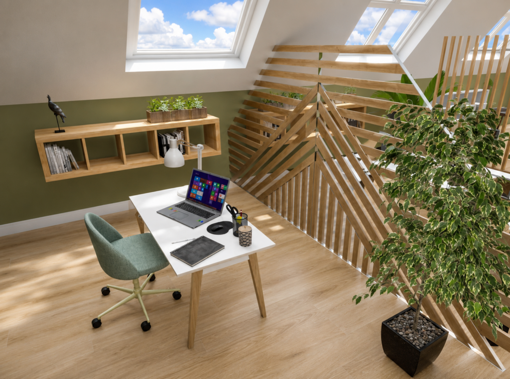 Création d'un espace détente et bureaux sous combles avec aménagement sur mesure, lumière naturelle et décoration contemporaine.