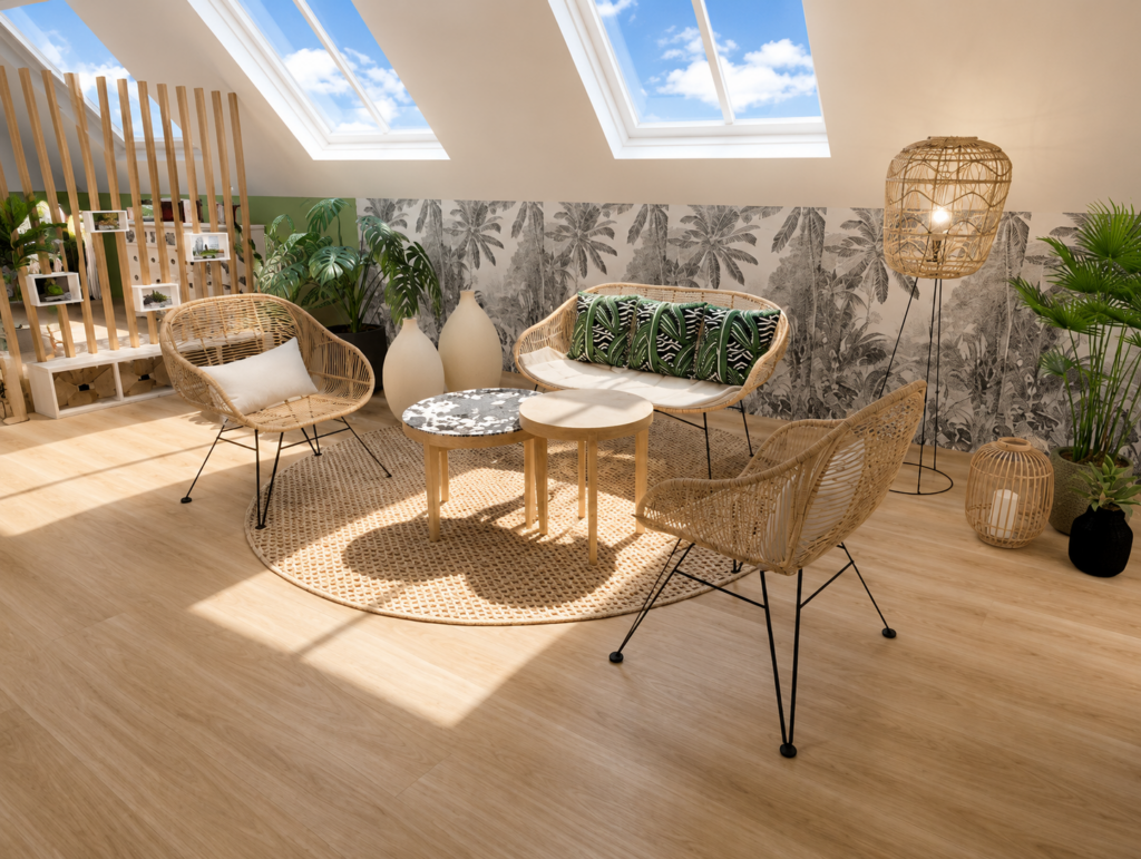Création d'un espace détente et bureaux sous combles avec aménagement sur mesure, lumière naturelle et décoration contemporaine.