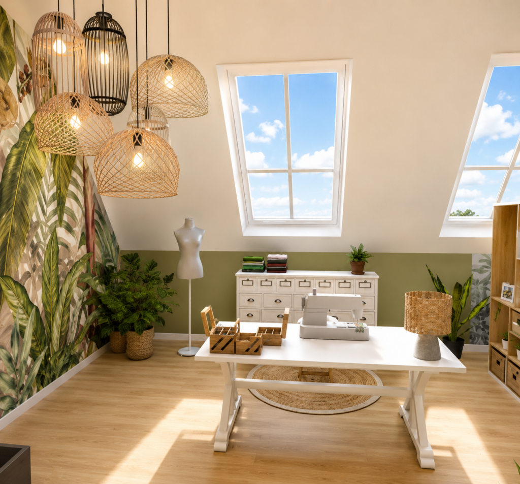 Création d'un espace détente et bureaux sous combles avec aménagement sur mesure, lumière naturelle et décoration contemporaine.