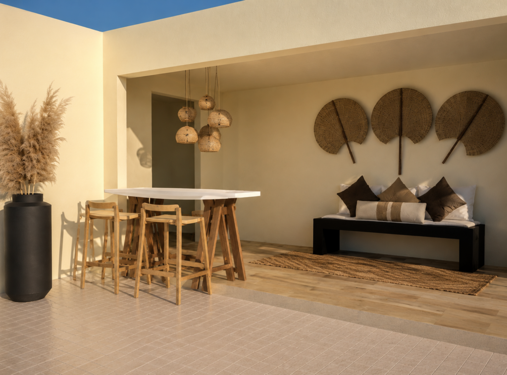 Conception d'une terrasse moderne avec piscine, bar extérieur et salon couvert, aménagement extérieur sur mesure par architecte d'intérieur à Toulouse, décoration méditerranéenne chic et matériaux naturels