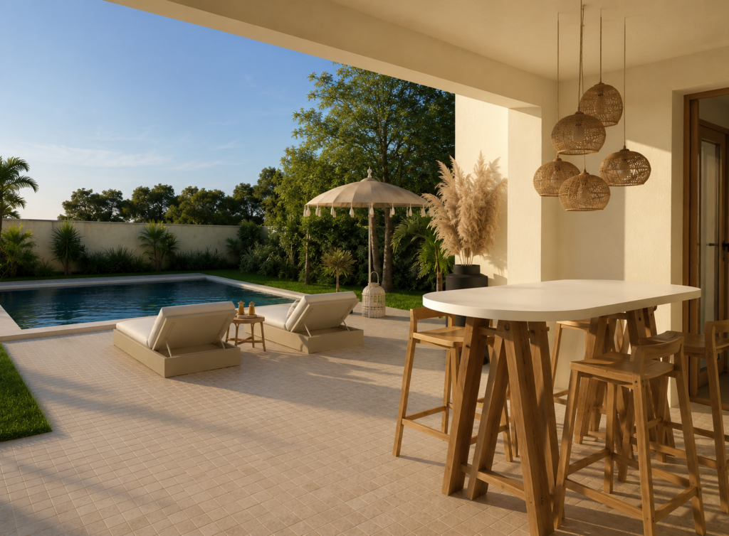 Conception d'une terrasse moderne avec piscine, bar extérieur et salon couvert, aménagement extérieur sur mesure par architecte d'intérieur à Toulouse, décoration méditerranéenne chic et matériaux naturels