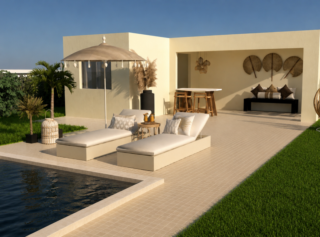 Conception d'une terrasse moderne avec piscine, bar extérieur et salon couvert, aménagement extérieur sur mesure par architecte d'intérieur à Toulouse, décoration méditerranéenne chic et matériaux naturels