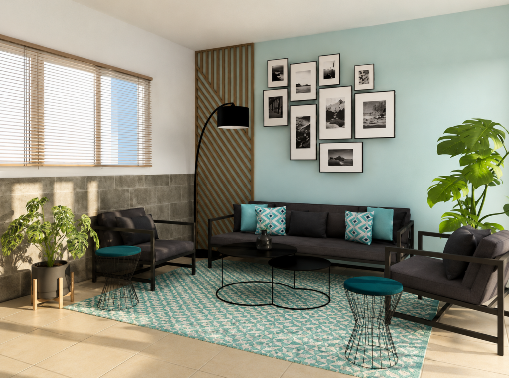 Architecture d'intérieur d'une véranda transformée en espace détente contemporain avec salon de jardin, fauteuils design, tapis graphique turquoise, décoration moderne, claustra bois et végétation. Projet de décoration intérieure sur mesure à Toulouse par SOZAYNA HOME