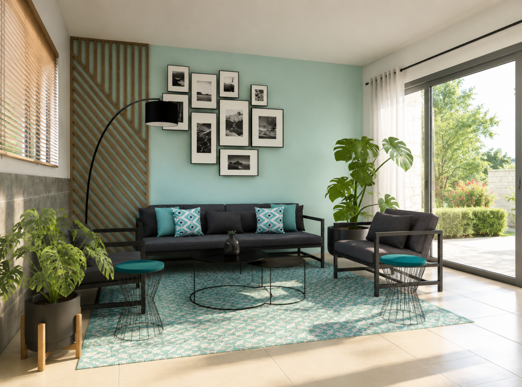 Architecture d'intérieur d'une véranda transformée en espace détente contemporain avec salon de jardin, fauteuils design, tapis graphique turquoise, décoration moderne, claustra bois et végétation. Projet de décoration intérieure sur mesure à Toulouse par SOZAYNA HOME