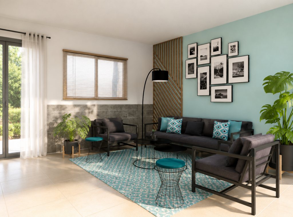Architecture d'intérieur d'une véranda transformée en espace détente contemporain avec salon de jardin, fauteuils design, tapis graphique turquoise, décoration moderne, claustra bois et végétation. Projet de décoration intérieure sur mesure à Toulouse par SOZAYNA HOME