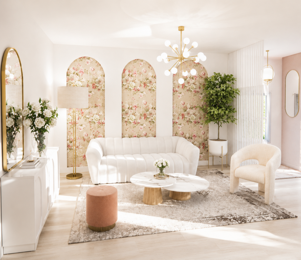 Agencement d'un salon contemporain féminin avec création d'une entrée fonctionnelle, décoration raffinée, mobilier élégant et optimisation des espaces de vie à Toulouse.