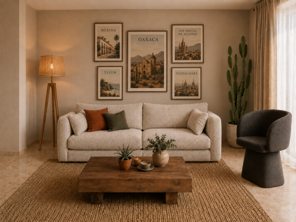 Projet de décoration intérieure d'un salon et salle à manger inspirés du Mexique, mêlant matériaux naturels, mobilier contemporain et ambiance chaleureuse réalisé par une architecte d'intérieur à Toulouse.