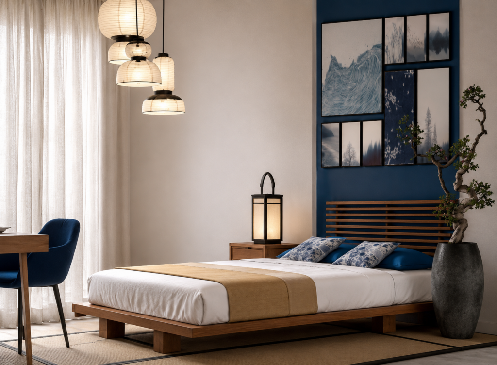 Projet d'architecture d'intérieur d'une chambre japandi réalisé par SOZAYNA HOME, architecte d'intérieur à Toulouse, spécialisé dans les intérieurs élégants, chaleureux et fonctionnels.