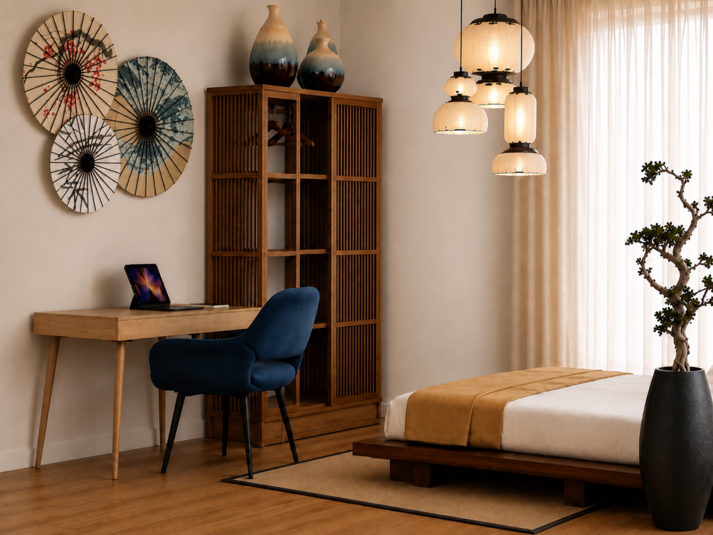 Chambre japonaise contemporaine conçue par SOZAYNA HOME, architecte d'intérieur à Toulouse, avec mobilier en bois, éclairage japonais et décoration zen sur mesure.